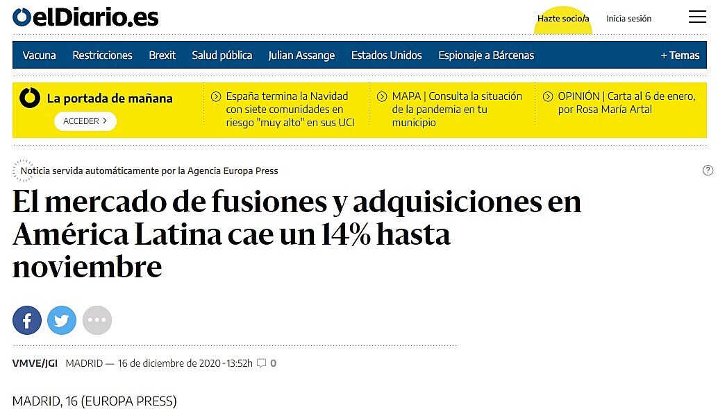 El mercado de fusiones y adquisiciones en Amrica Latina cae un 14% hasta noviembre